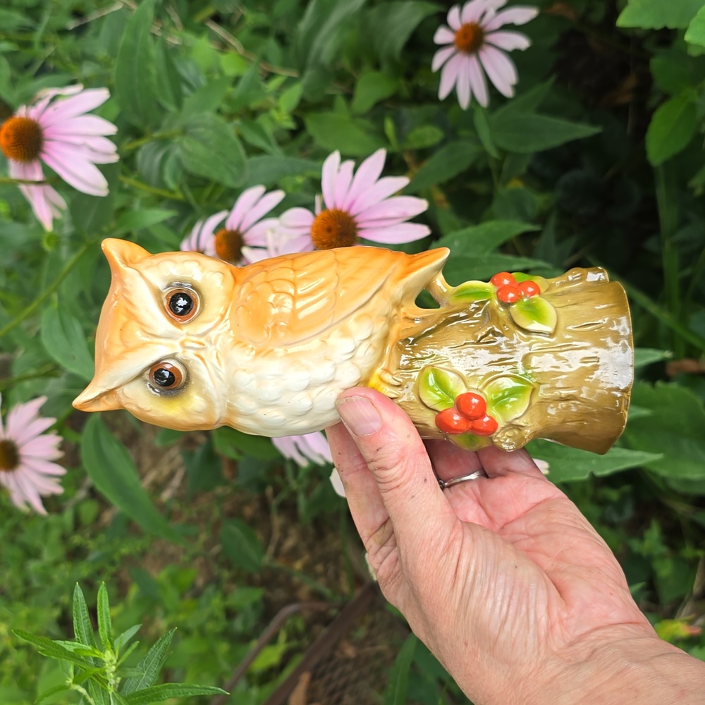 Vintage MCM 60s Ceramic Owl on a Tree statue Japan